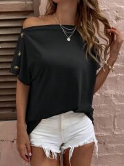 Kadın Tek Omuzu Açık Düğme Detaylı Salaş Viskon Bluz