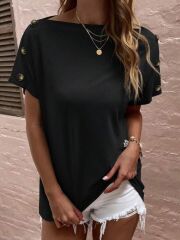 Kadın Tek Omuzu Açık Düğme Detaylı Salaş Viskon Bluz