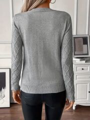 Kadın Uzun Kollu Bisiklet Yaka Geometrik Desenli Triko Bluz