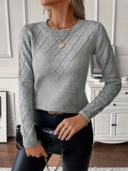 Kadın Uzun Kollu Bisiklet Yaka Geometrik Desenli Triko Bluz