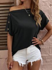 Kadın Tek Omuzu Açık Düğme Detaylı Salaş Viskon Bluz