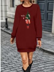 Kadın Uzun Kollu Bisiklet Yaka Desenli Kısa Viskon Iki Iplik Elbise