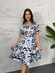 Baskılı Keten Elbise - Lacivert