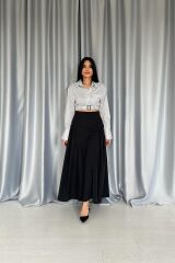 Siyah Yanları Büzgülü Uzun Etek