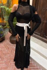 Saten Kuşaklı Ajurlu Triko Elbise 2847