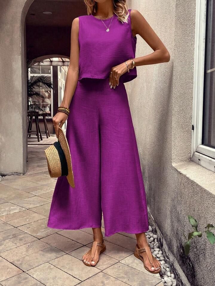 Kadın Bisiklet Yaka Kolsuz Bluz Ve Bol Paça Aerobin Kumaş Ikili Takım