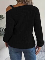 Kadın Uzun Kollu Tek Omuzu Açık Tokalı Triko Bluz