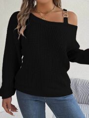 Kadın Uzun Kollu Tek Omuzu Açık Tokalı Triko Bluz