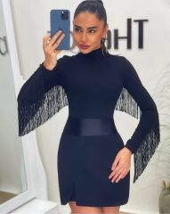 Kadın Uzun Kollu Balıkçı Yaka Püsküllü Kuşaklı Ithal Krep Tulum