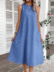 Kadın Kolsuz Bisiklet Yaka Cepli Midi Keten Elbise