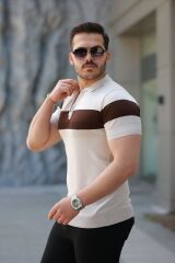 Erkek Fermuar Yakalı şerit Renk Desenli Kısa Kollu Tişört