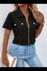 Kadın Kısa Kollu Ceket Yaka önü Fermuarlı Cep Detay Kısa Kol Ithal Krep Bluz