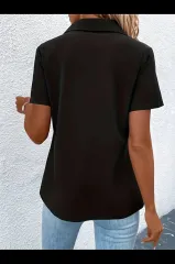 Kadın Kısa Kollu Ceket Yaka önü Fermuarlı Cep Detay Kısa Kol Ithal Krep Bluz