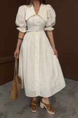 Bej Bebe Yaka Balon Kollu Brode Elbise