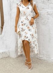 Kadın Kısa Kollu V Yakalı çiçek Desenli önü Kısa Arkası Uzun Pegasus Elbise