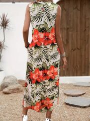 Kadın Askılı Yuvarlak Yaka Cepli Desenli Süprem Elbise