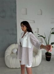 GABARDİN ŞORT - GABARDİN - ÇİZGİLİ KETEN GARNİLİ CEKET TAKIM - Kahverengi