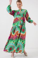 2423 Otantik Desenli Tesettür Elbise - Yeşil 9