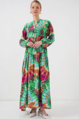 2423 Otantik Desenli Tesettür Elbise - Yeşil 9