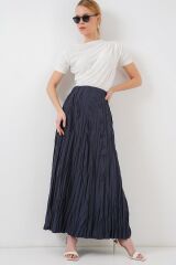 Uzun Kırışık Etek 8042 - Lacivert