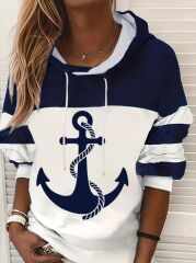 Kadın Uzun Kollu Kapşonlu çıpa Desenli şardonlu Dalgıç Bluz