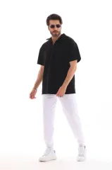 Unisex Yarım Fermuarlı Düz Oversize T-shirt - Siyah