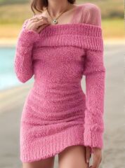 Kadın Uzun Kollu Omuzlardan Açık Kısa şardonlu Triko Elbise