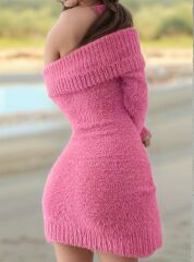 Kadın Uzun Kollu Omuzlardan Açık Kısa şardonlu Triko Elbise