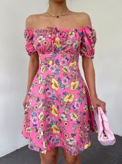 Yakası Lastikli Bağcık Detaylı Mini Elbise -Pembe