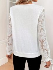 V Yaka Fistolu Kolu Tül Detaylı Bluz -Beyaz