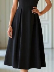 Kadın Kısa Kollu Yarı Balıkçı Yaka Pileli Janjan Krep Midi Elbise