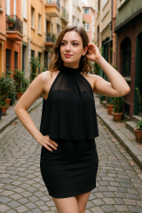 Kadın Boyundan Bağlamalı Şifonlu Diz Üstü Sandy Kumaş Fırsat Ürün Mini Elbise