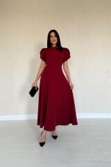 Bordo Arkası Fiyonk Garnili Britli Elbise
