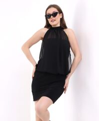 Kadın Boyundan Bağlamalı Şifonlu Diz Üstü Sandy Kumaş Fırsat Ürün Mini Elbise