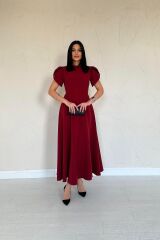 Bordo Arkası Fiyonk Garnili Britli Elbise