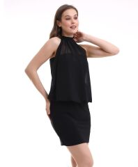 Kadın Boyundan Bağlamalı Şifonlu Diz Üstü Sandy Kumaş Fırsat Ürün Mini Elbise