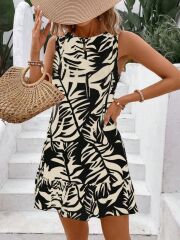 Kadın Sıfır Kollu Bisiklet Yakalı Fırfırlı Desenli Sofya Elbise