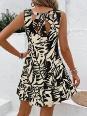 Kadın Sıfır Kollu Bisiklet Yakalı Fırfırlı Desenli Sofya Elbise