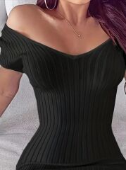 Kadın Kısa Kollu V Yaka Fitilli Triko Elbise