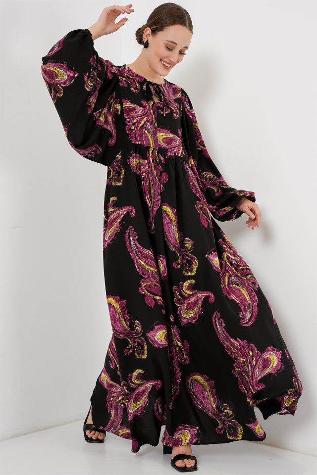 Balon Kol Uzun Tesettür Elbise 2464 - Y.Fuşya