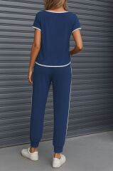 Kadın Kısa Kollu Kayık Yaka Viskon Iki Iplik Bluz Ve Bağcıklı Pantolon Ikili Takım