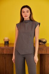 Gri Sıfır Kol Düğmeli Gömlek Takım