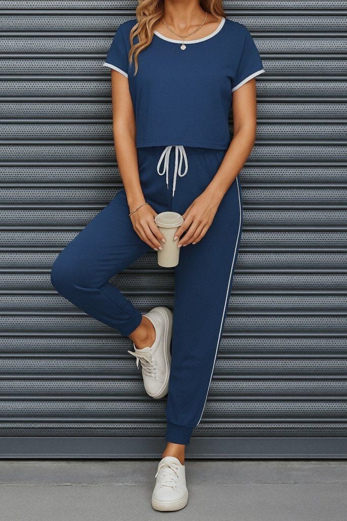 Kadın Kısa Kollu Kayık Yaka Viskon Iki Iplik Bluz Ve Bağcıklı Pantolon Ikili Takım