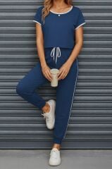 Kadın Kısa Kollu Kayık Yaka Viskon Iki Iplik Bluz Ve Bağcıklı Pantolon Ikili Takım