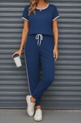 Kadın Kısa Kollu Kayık Yaka Viskon Iki Iplik Bluz Ve Bağcıklı Pantolon Ikili Takım