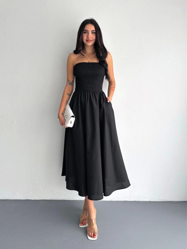 Straplez Pileli Elbise - Siyah