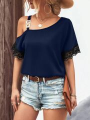 Kadın Tek Omuzu Askılı Kısa Kollu Toka Detaylı Dantelli Viskon Bluz