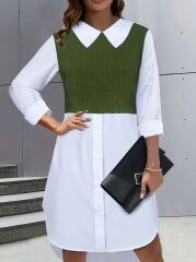 Kadın Uzun Kollu Gömlek Yaka çift Renkli Trikoton Elbise