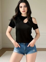 Kadın Kısa Kollu Tek Omuzu Açık Damla Detaylı Viskon Bluz