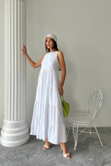 KOLSUZ UZUN FLAM KETEN ELBİSE - Beyaz